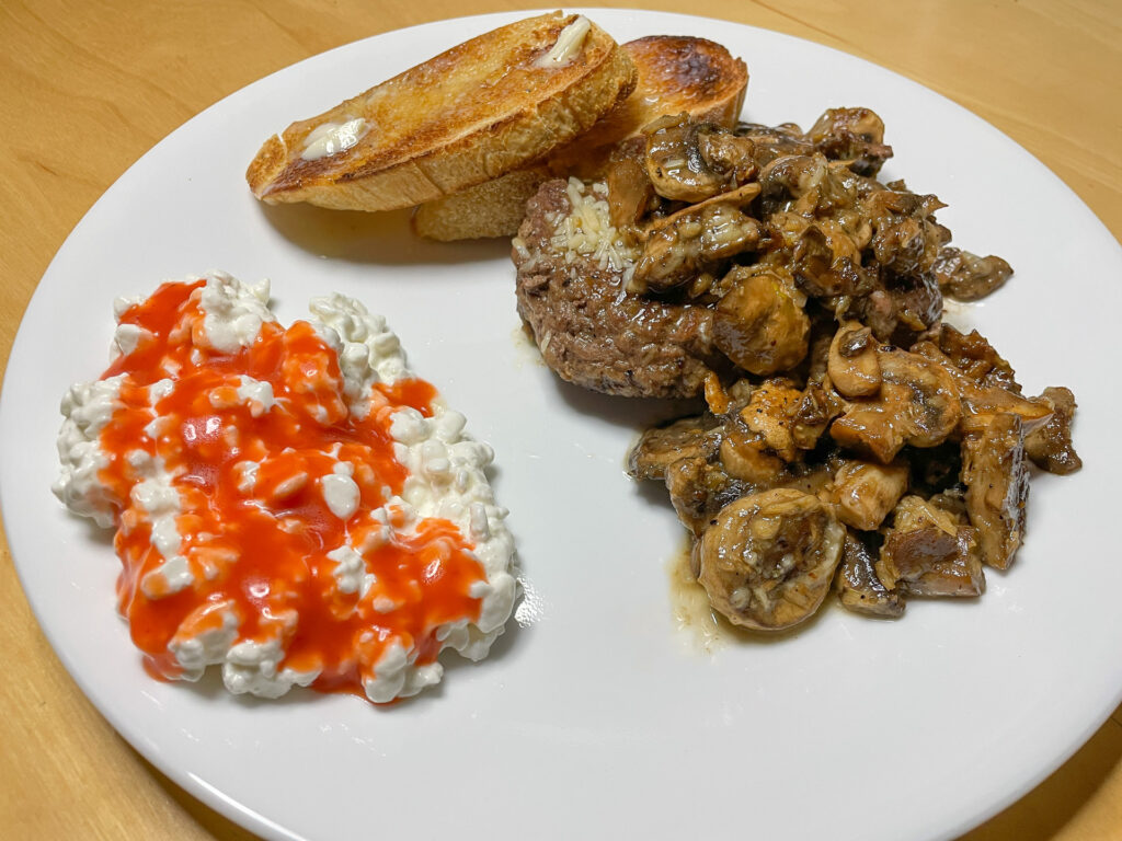 Burger, Mushrooms, and Cottage Cheese