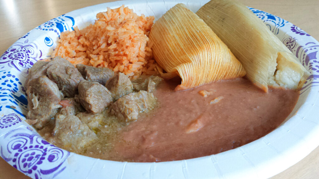 Tamales with Chili Verde, Beans, and Rice
