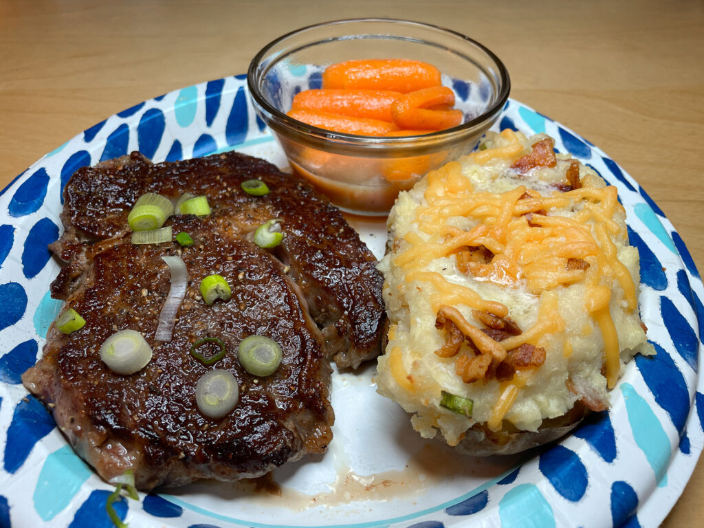 Twice-baked Potato, Steak, and Carrots