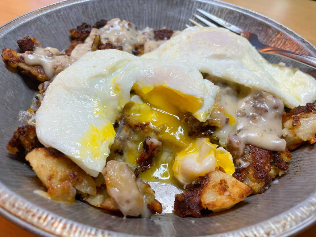 Potatoes, Sausage Gravy, and Fried Eggs