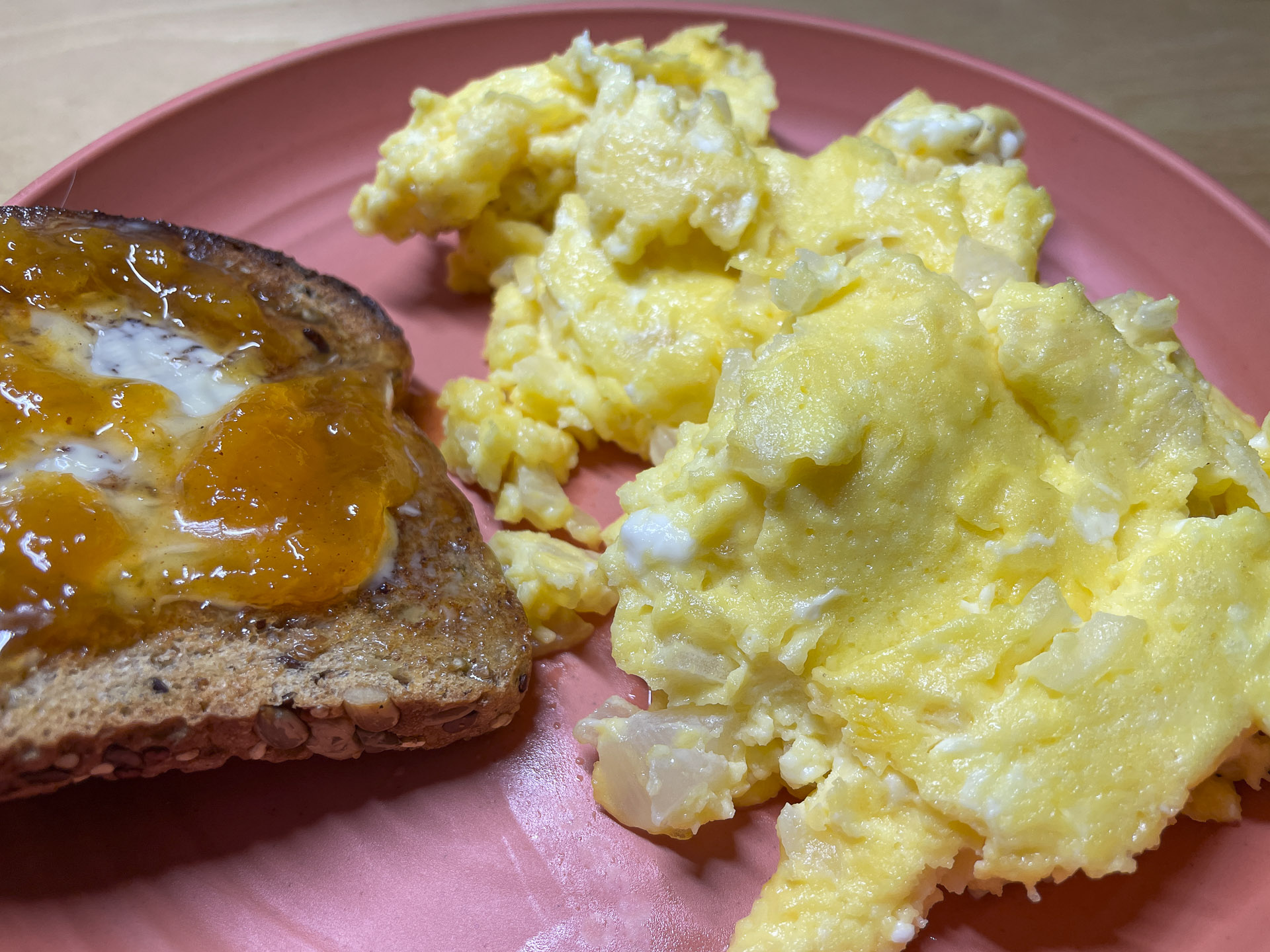 Toast, Jam, Scrambled Eggs w/ Onion