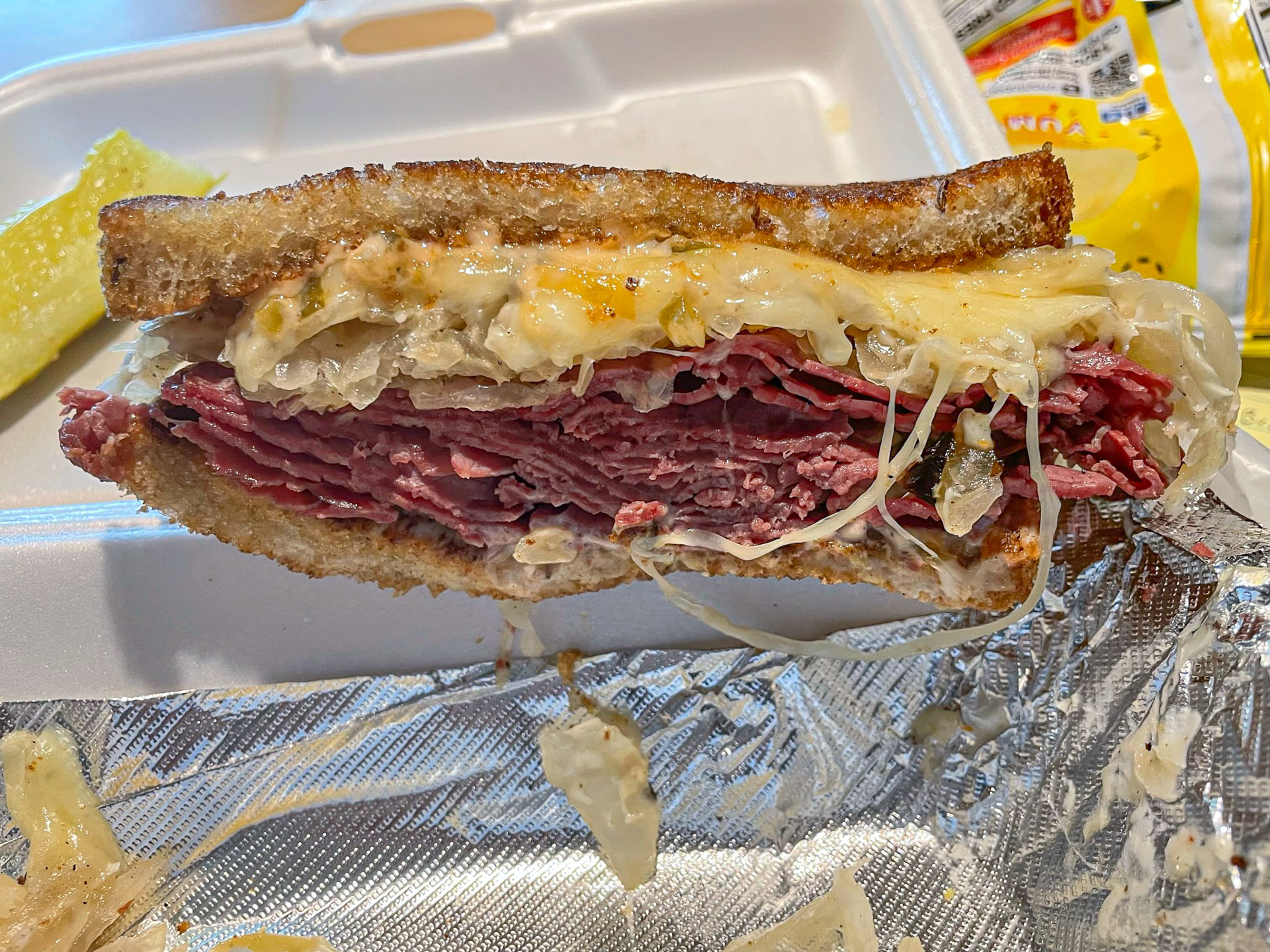 Store-bought Reuben, easy on the sauerkraut