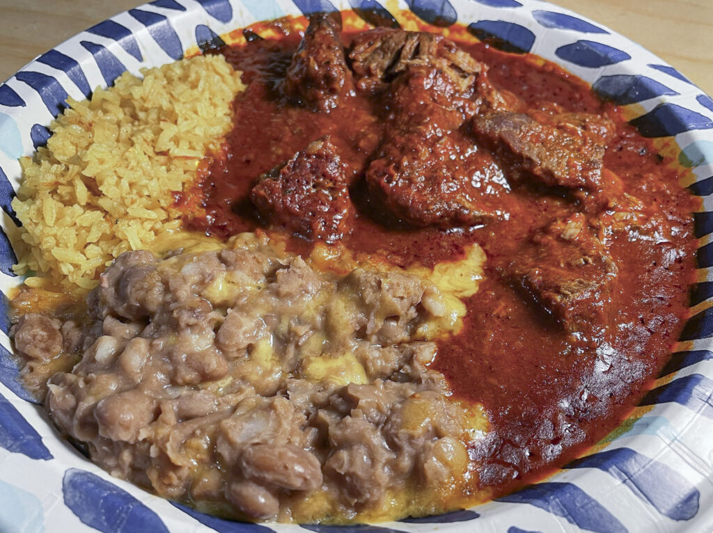 Chili Colorado, Refried Beans, and Rice