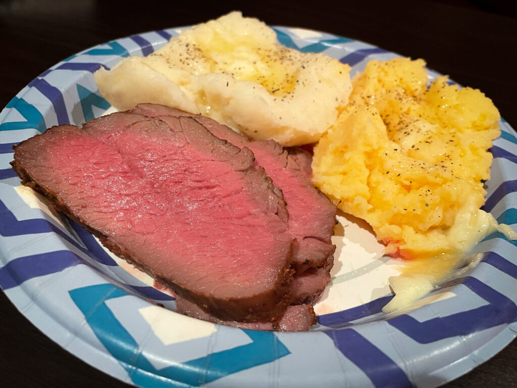 Beef Eye of Round, Mashed Potatoes, Mashed Sweet Potatoes
