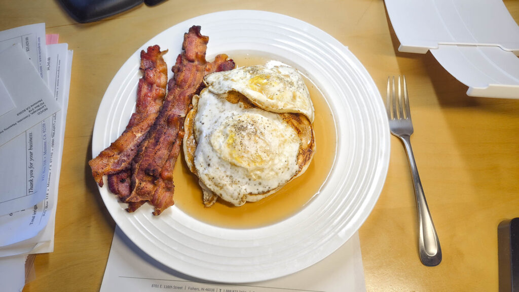 Bacon Eggs Pancakes Syrup